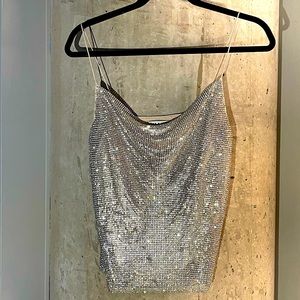 Alice + Olivia Harmon Crystal Drapey Slip Tank Top Rhinestone Embellished
